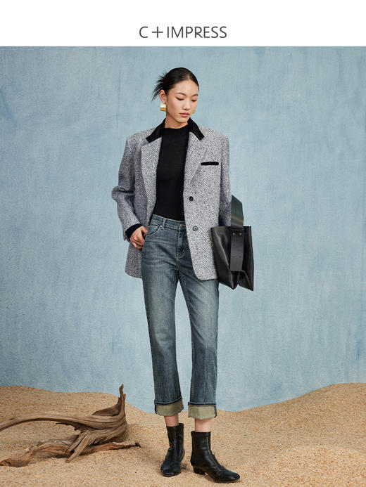 西嘉C+IMPRESS/西嘉老钱风羊毛马海毛西装外套女秋廓型撞色领子设计感WT2303034 商品图3