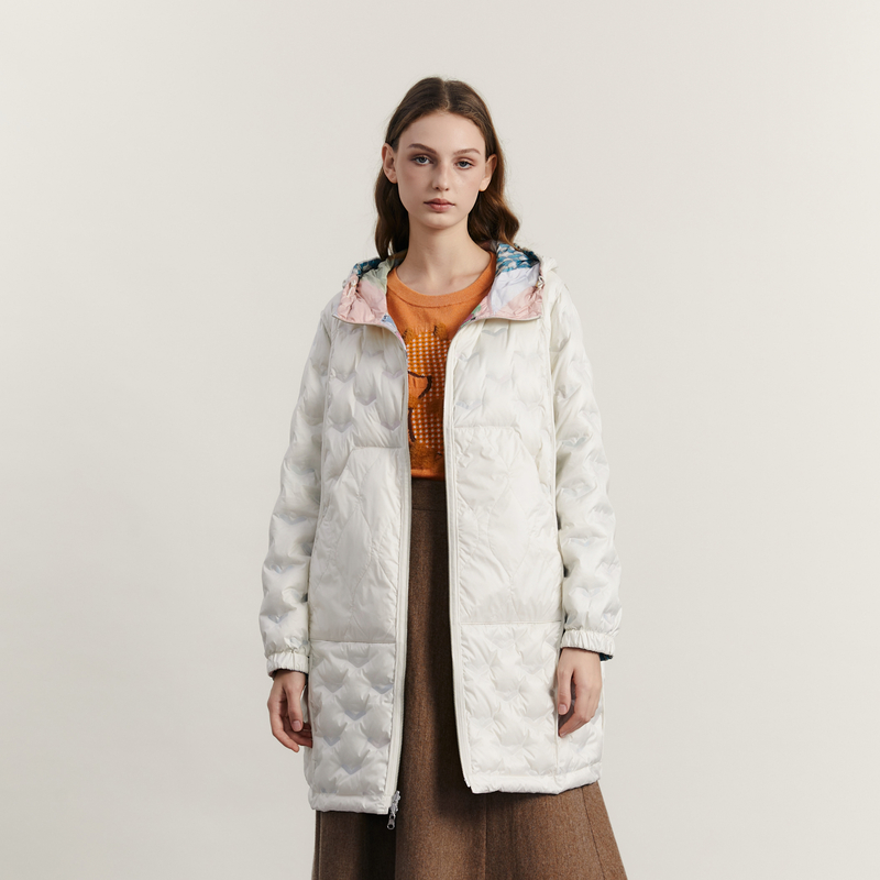 谜底两面穿羽绒服女2023冬新品复古花色连帽宽松中长款234MY1466