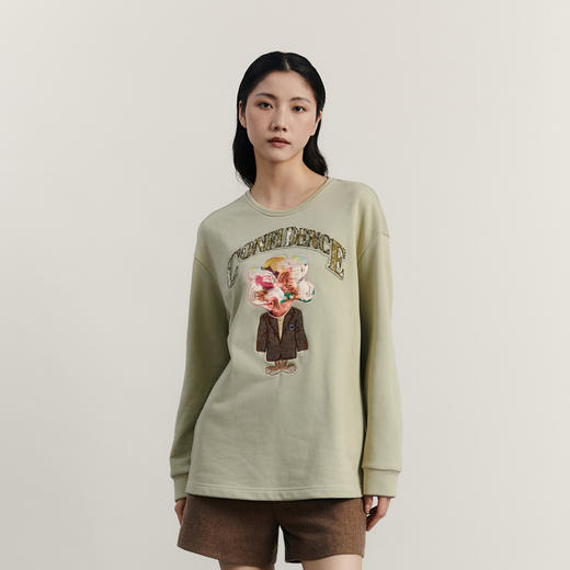 谜底中长款卫衣女2023冬新品复古特色绣花圆领宽松套头234MV1550 商品图0