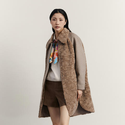 谜底毛毛拼接呢子大衣女2023冬特色绣花中长款外套女234MD1572 商品图1