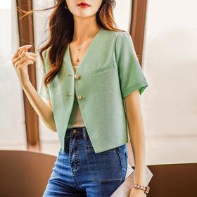 娜璐多 绿色短款小个子西装外套女夏季薄款高级感短袖气质名媛小香风西服