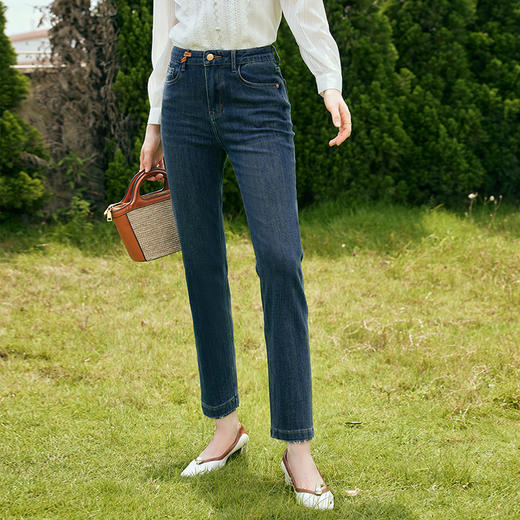 OLrain欧芮儿深色直筒牛仔裤女初秋2023年新款高腰显瘦百搭九分裤 商品图2