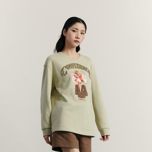 谜底中长款卫衣女2023冬新品复古特色绣花圆领宽松套头234MV1550 商品图1