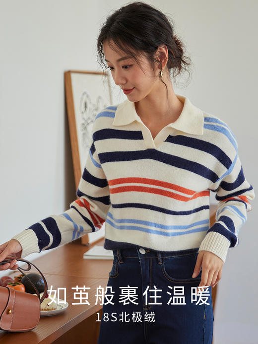【专属特惠】熙世界彩虹条纹针织衫女秋冬季慵懒松弛感宽松套头POLO领毛衣上衣 商品图0