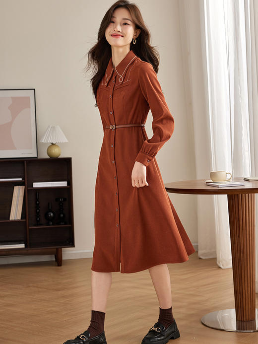 【专属特价】熙世界绒感磨绒连衣裙女长袖2025年秋冬新款高级感刺绣翻领衬衫裙 商品图4