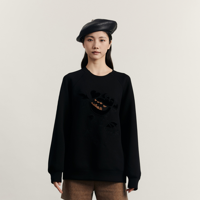 谜底中长款卫衣女2023冬款时尚百搭圆领绣花大廓形上衣234MV1486