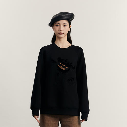 谜底中长款卫衣女2023冬款时尚百搭圆领绣花大廓形上衣234MV1486 商品图0