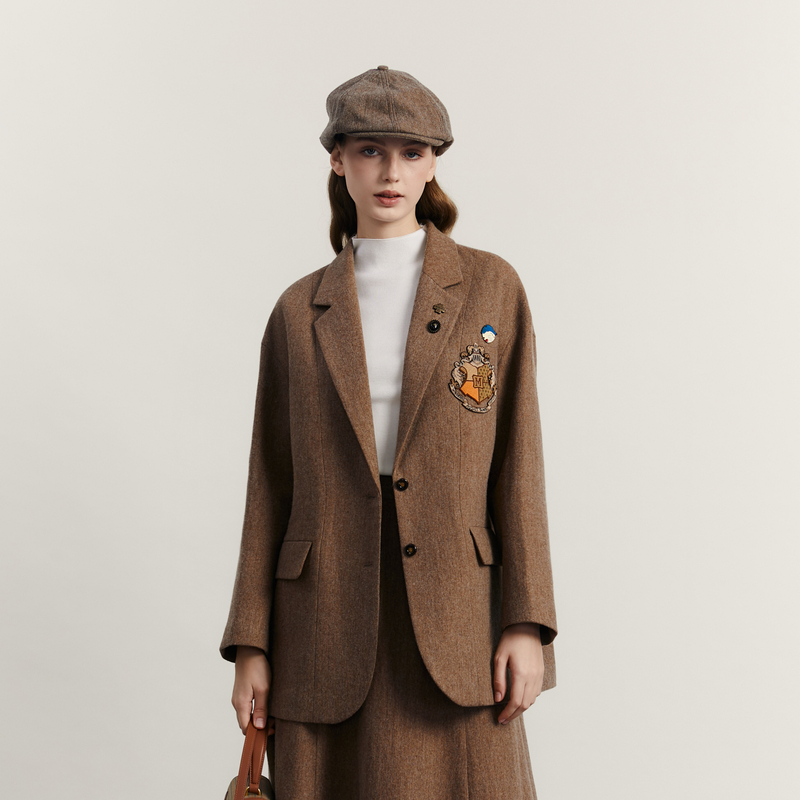 谜底毛呢西装外套女2023冬季新品时尚宽松中长款西服女234MW1465