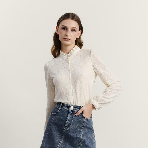 谜底通勤衬衫长袖女2023冬新品文艺荷叶领修身提花衬衣234MC1510 商品图0