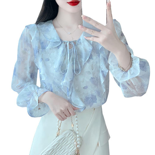 秋季碎花衬衫，法式别致小上衣V领荷叶边甜美雪纺衫KQL-537T8093 商品图4