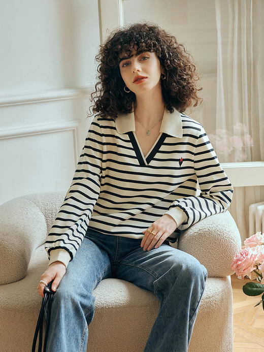 OLrain欧芮儿条纹卫衣女初秋2023年新款宽松复古爱心刺绣套头上衣 商品图0