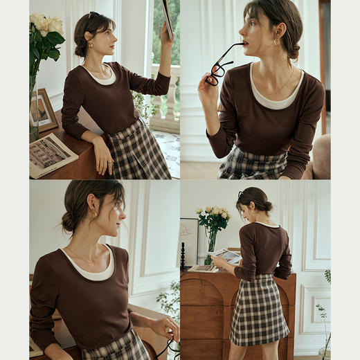 OLrain欧芮儿圆领撞色T恤女初秋2023新款时髦假两件内搭打底上衣 商品图1