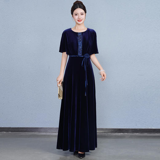 QQX-88538高级感宽松显瘦金丝绒连衣裙贵夫人阔太太日常宴会气质洋气长裙女 商品图0