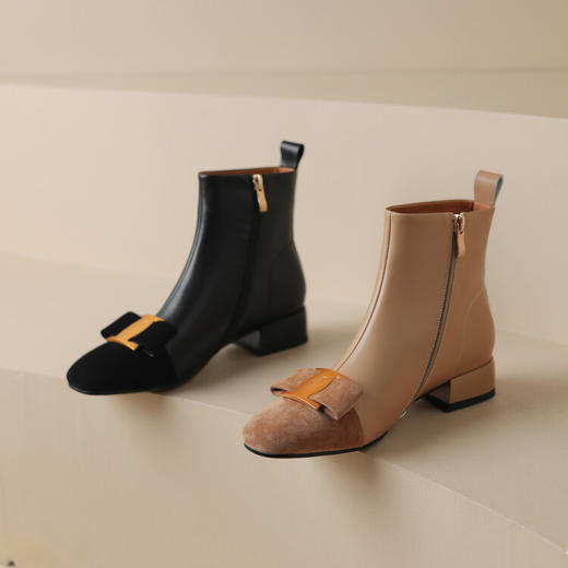 拼色小香风粗跟，百搭中跟瓢鞋蝴蝶结短靴LD-6454 商品图3