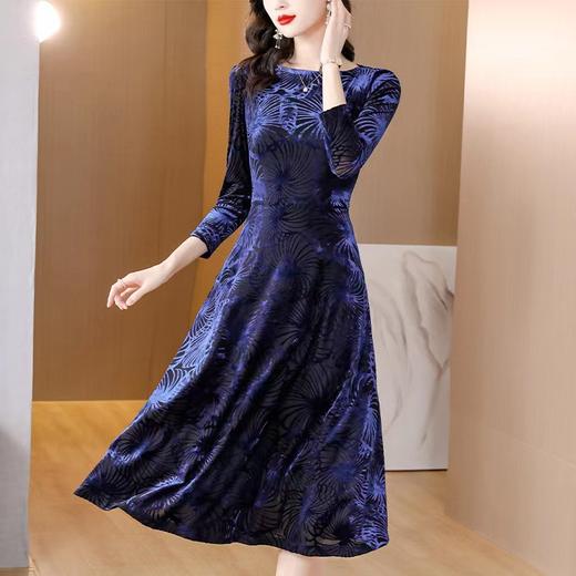 DD-蓝色丝绒连衣裙女2023秋季新款时尚洋气圆领拼接修身显瘦中长裙潮 商品图1