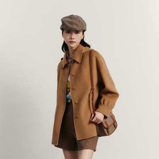 谜底中长款毛呢大衣女2023冬简约翻领单排扣羊毛呢外套234MD1487 商品图1