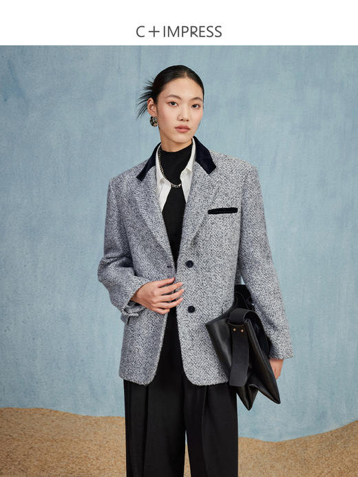 西嘉C+IMPRESS/西嘉老钱风羊毛马海毛西装外套女秋廓型撞色领子设计感WT2303034 商品图1