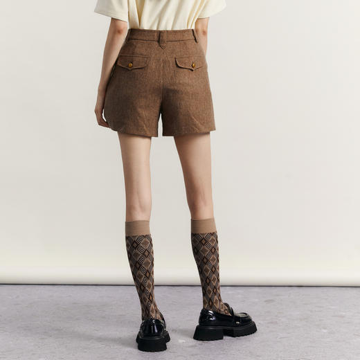 谜底羊毛呢短裤女士2023冬季新品复古百搭高腰呢子直筒234MK1484 商品图2