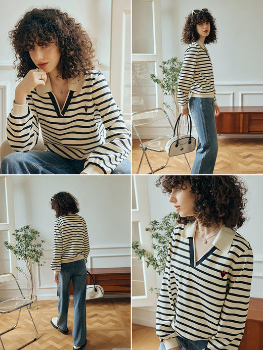 OLrain欧芮儿条纹卫衣女初秋2023年新款宽松复古爱心刺绣套头上衣 商品图1