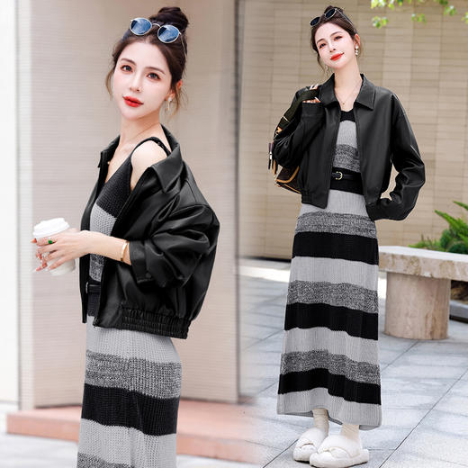 时尚百搭，新款秋装机车皮甲针织长裙套装HR-YJLY8035 商品图1