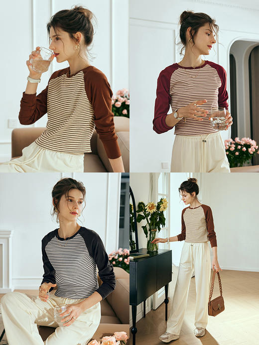 欧芮儿法式撞色条纹长袖T恤女秋2023新款复古设计感小众拼接上衣 商品图1