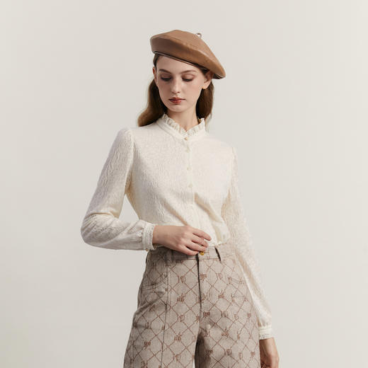 谜底通勤衬衫长袖女2023冬新品文艺荷叶领修身提花衬衣234MC1510 商品图1