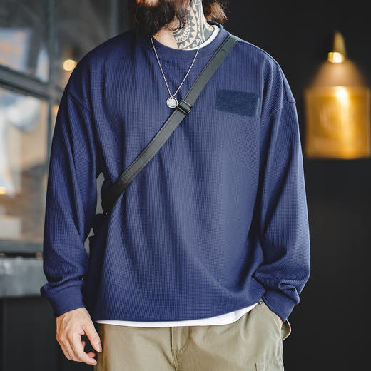 工装优选 美式休闲华夫格长袖T恤圆领魔术贴落肩百搭叠穿卫衣男秋 商品图4
