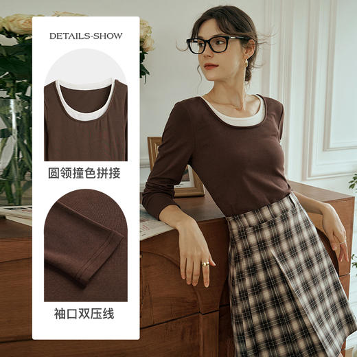 OLrain欧芮儿圆领撞色T恤女初秋2023新款时髦假两件内搭打底上衣 商品图2