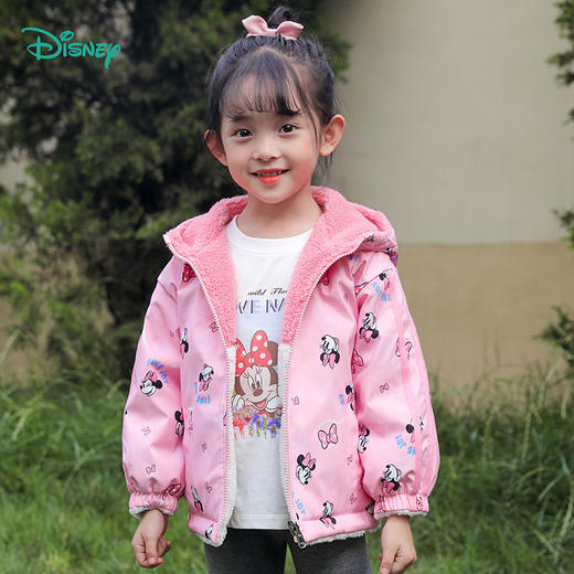 迪士尼童装女童米妮满印防风外套秋冬新款加绒保暖连帽两面穿外衣234S1841
 商品图5