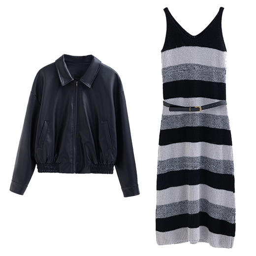 时尚百搭，新款秋装机车皮甲针织长裙套装HR-YJLY8035 商品图5