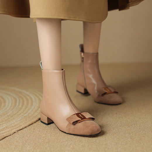 拼色小香风粗跟，百搭中跟瓢鞋蝴蝶结短靴LD-6454 商品图0