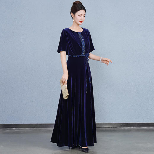 QQX-88538高级感宽松显瘦金丝绒连衣裙贵夫人阔太太日常宴会气质洋气长裙女 商品图3