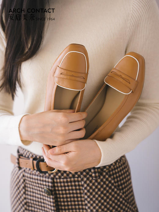 ARCHCONTACT安启美奈羊皮圆头浅口舒适百搭拼色豆豆鞋52836 商品图2
