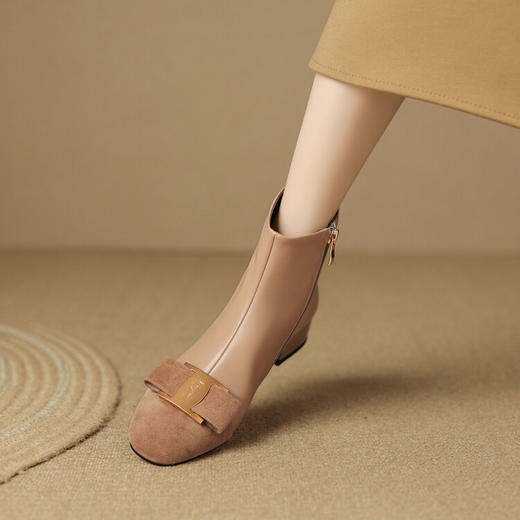 拼色小香风粗跟，百搭中跟瓢鞋蝴蝶结短靴LD-6454 商品图1