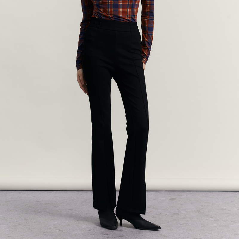 谜底紧身喇叭裤女2023冬新品修身弹力前开叉微喇长裤女234MK1601