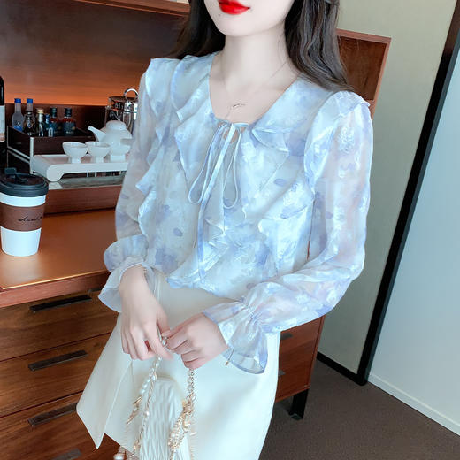 秋季碎花衬衫，法式别致小上衣V领荷叶边甜美雪纺衫KQL-537T8093 商品图3