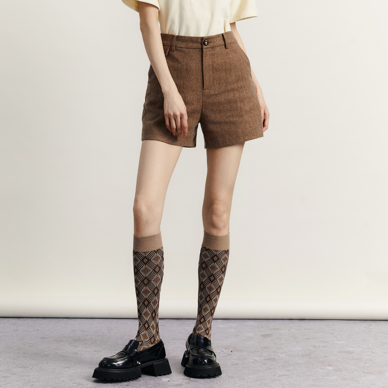 谜底羊毛呢短裤女士2023冬季新品复古百搭高腰呢子直筒234MK1484