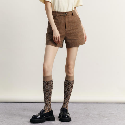 谜底羊毛呢短裤女士2023冬季新品复古百搭高腰呢子直筒234MK1484 商品图0