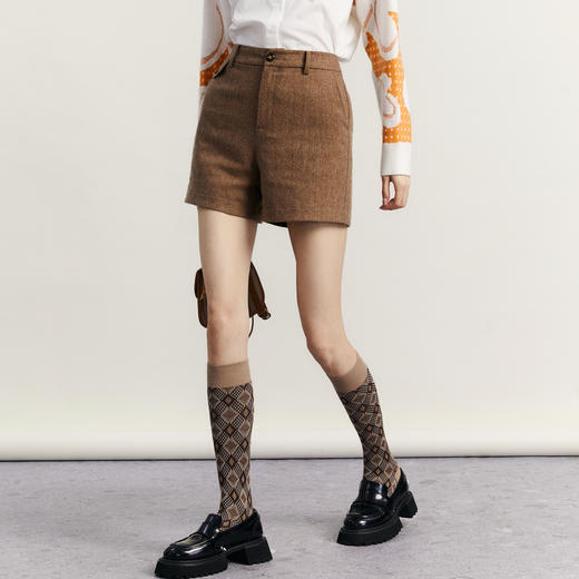 谜底羊毛呢短裤女士2023冬季新品复古百搭高腰呢子直筒234MK1484 商品图1