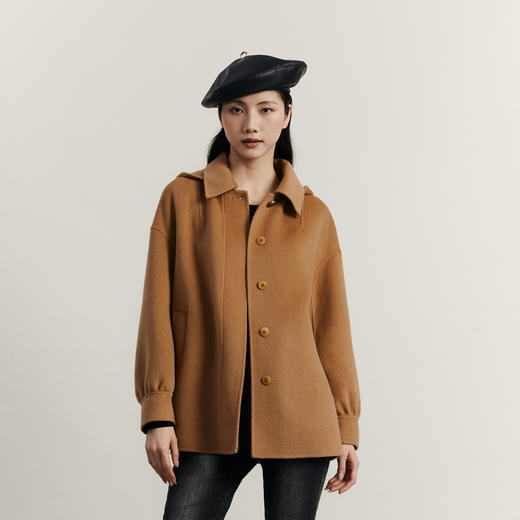 谜底中长款毛呢大衣女2023冬简约翻领单排扣羊毛呢外套234MD1487 商品图0