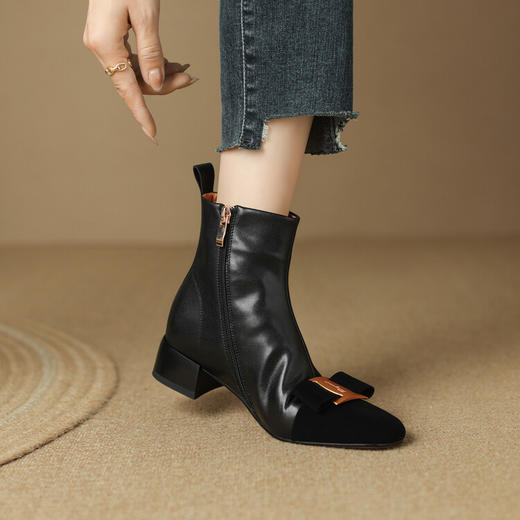 拼色小香风粗跟，百搭中跟瓢鞋蝴蝶结短靴LD-6454 商品图4