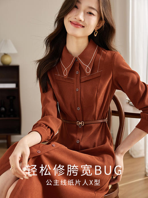 【专属特价】熙世界绒感磨绒连衣裙女长袖2025年秋冬新款高级感刺绣翻领衬衫裙 商品图1