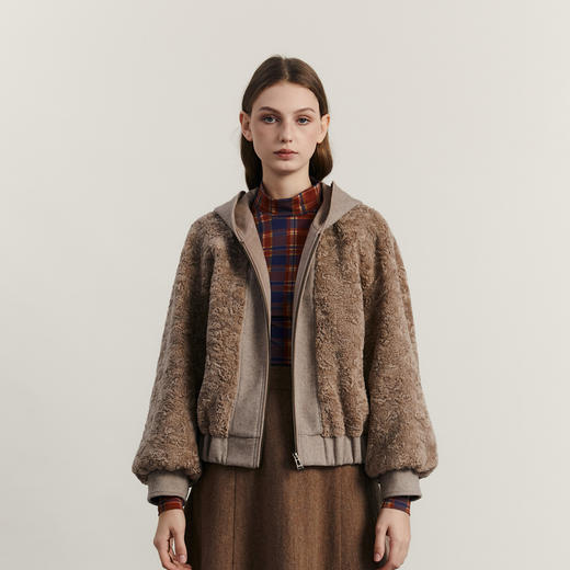 谜底毛毛短外套女2023冬款时尚年轻连帽拼接百搭宽松234MD1463 商品图0