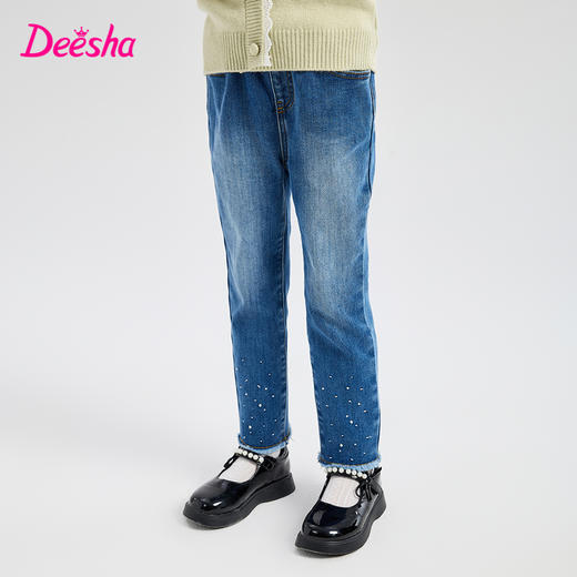 笛莎Deesha 童装女童长裤2023冬季新款烫钻水洗牛仔裤 商品图1