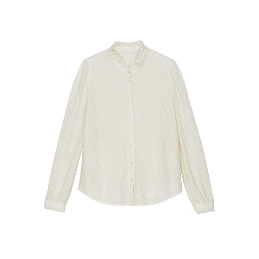 谜底通勤衬衫长袖女2023冬新品文艺荷叶领修身提花衬衣234MC1510 商品图4