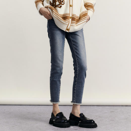 谜底磨毛保暖牛仔裤女2023冬款复古百搭紧身铅笔九分裤234MK1596 商品图1