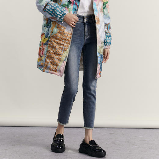 谜底磨毛保暖牛仔裤女2023冬款复古百搭紧身铅笔九分裤234MK1596 商品图0