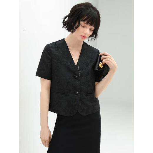 COCOBELLA新中式重工提花短袖裸领西服OL西装外套NSI2 商品图2