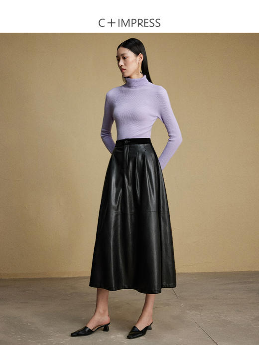 西嘉C+IMPRESS/西嘉静奢风黑色皮裙半身裙女中长款秋a字蛋白pu皮伞裙BQ2304033 商品图1