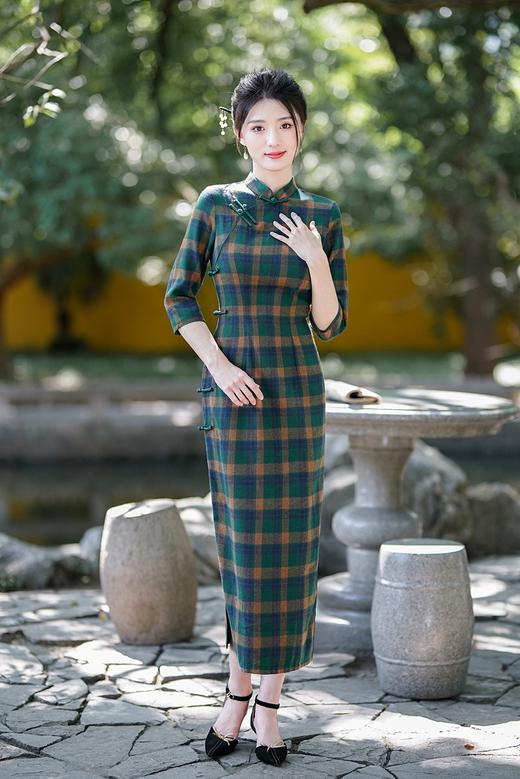 新款民国风，格子旗袍七分袖文艺气质修身优雅连衣裙GSJ-3394 商品图3